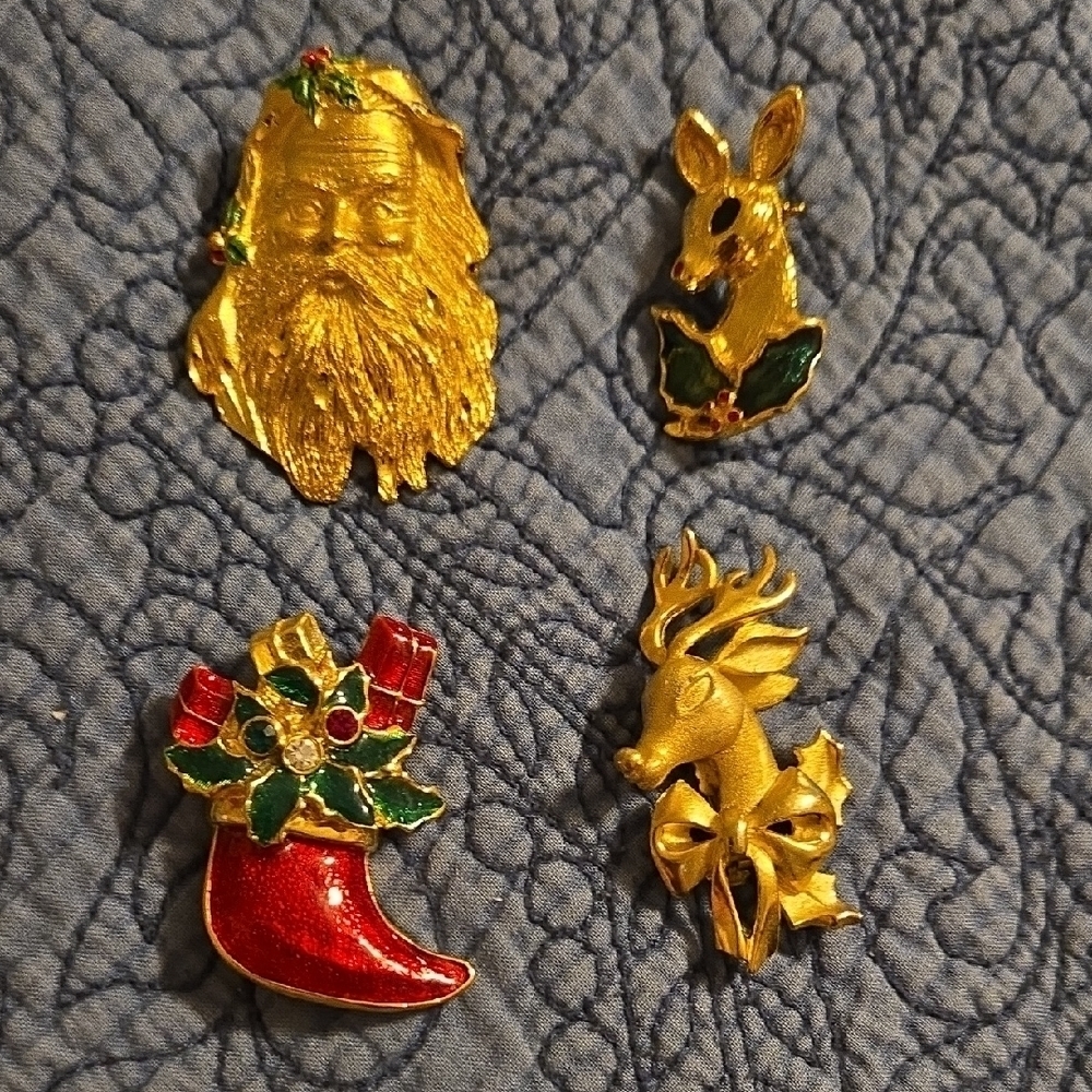 Festive Gold and Red Holiday Brooch Pin Set of 4